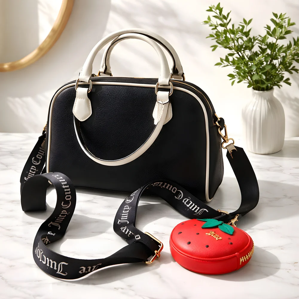 Juicy Couture Black Strawberry Velvet Dome Bag with Red Strawberry Coin Pouch